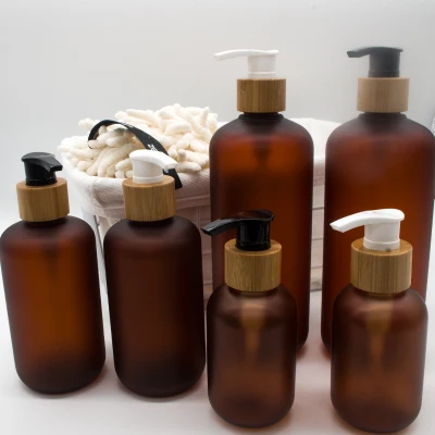 

120ml 250ml Frosted brown PET bottle with bamboo pump lotion caps 4oz 8oz plastic shampoo bottle 500ml plastic hand soap bottle