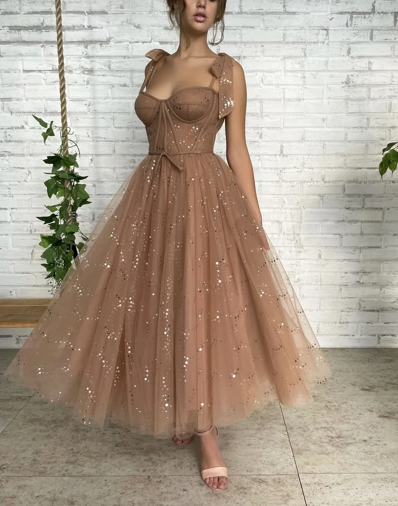 

Champagne Moroccan Prom Dresses A-line Spaghetti Straps Tulle Sequins Teuta Robe De Soiree Prom Gown Mato Evening Dresses Shi