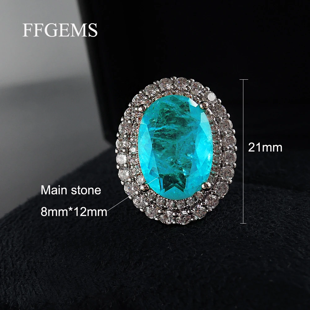 FFGems Vintage Silver create Paraiba Tourmaline Gemstone Wedding Diamonds big oval Rings for women Gift Fine Jewelry Wholesale