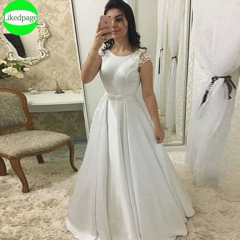 

Simple Cap Sleeves Wedding Dress A Line Satin Backless Bridal Gown Vestido De Noiva 2021 Boda Robe Mariage Trouwjurk With Bow