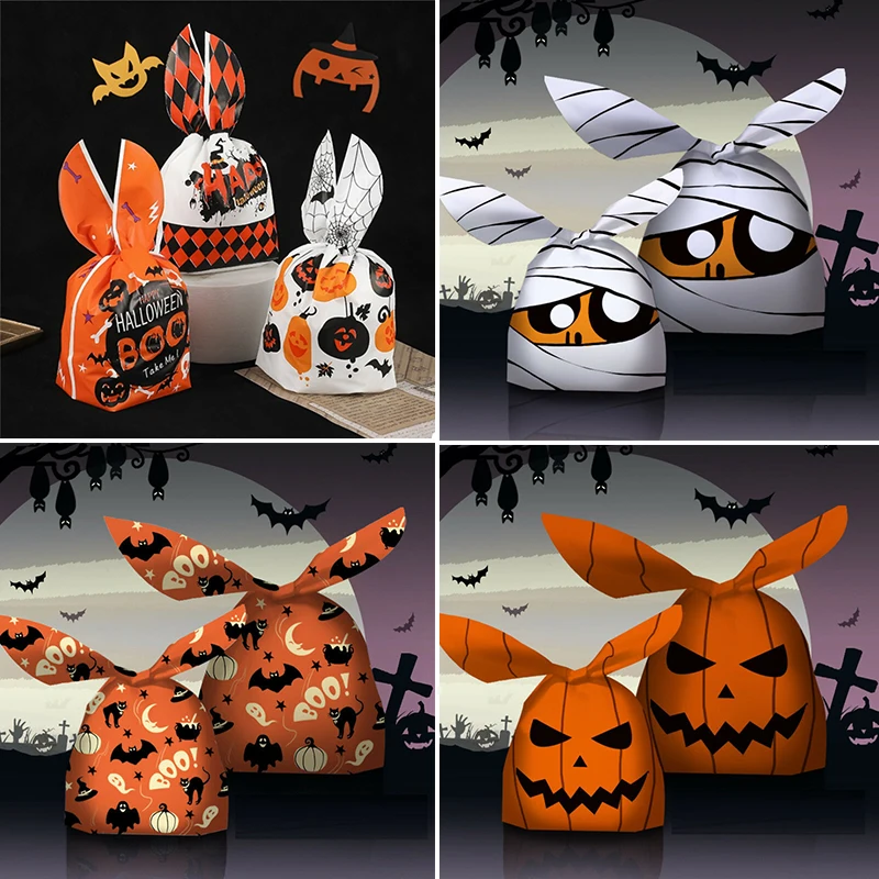 Bolsas de plástico con orejas de conejo de feliz Halloween, paquetes de regalo para dulces, galletas, aperitivos, embalaje para hornear, suministros para fiestas de Halloween, 10/50 piezas