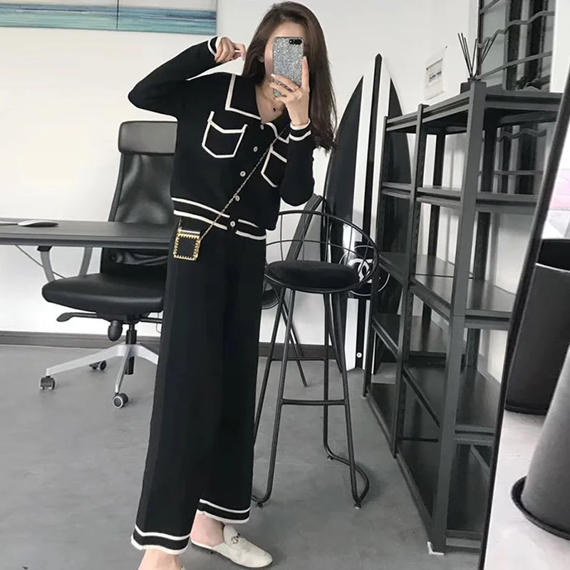 Fashion Striped Knitted Two Piece Suit Women Elegant Single Breasted Long Sleeve Top And Knit Wide Leg Pant 2024 New Korean Suit