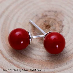 Buyee 925 Sterling Silver Simple Earring Red Bead Stone Sweet Earring for Woman Girl Fashion Sweet Fine Jewelry Earring