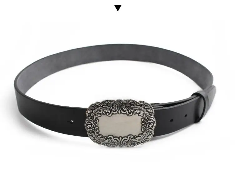 Silver plated high-end carved flower surface smooth buckle belt leather men's casual pants belt leather middle-aged youth belt