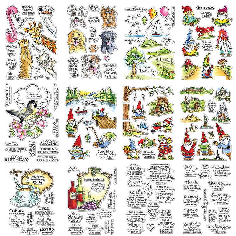 Happy Gnomes Cute Animals Grape Wine Coffee Sentences Cutting Dies with Stamps Set for DIY Scrapbooking Crafts Cards 2020 New