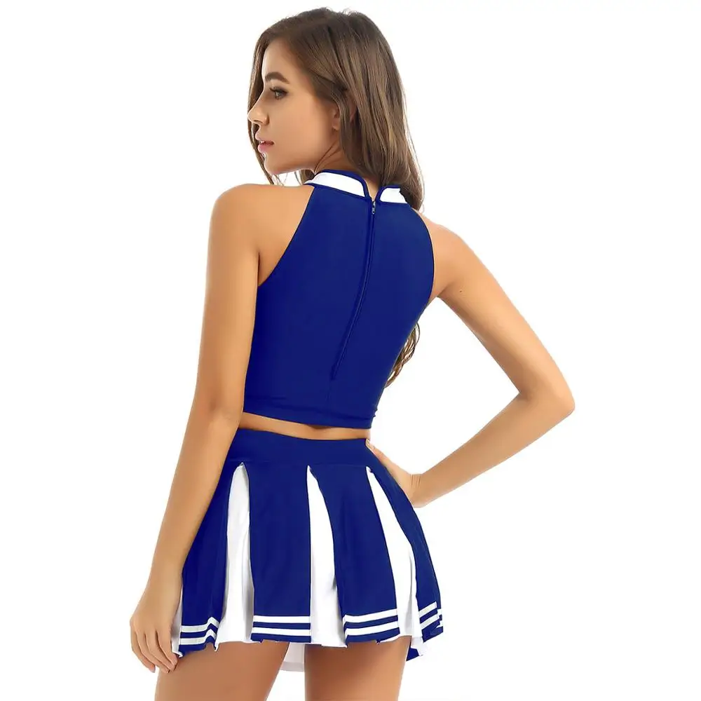 2Pcs Frauen Schoolgirls Cheerleader Kostüm Erwachsene Cheerleading Uniformen Kleid Up Outfit Ärmel Crop Top + Mini Plissee Rock