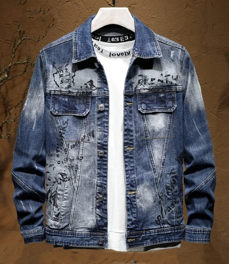 Slim Fashion Fit Graffiti Denim Jacket Coat Men Distressed Skinny Jeans Pants Personality Motorcycle Mens Denim Two Piece Set