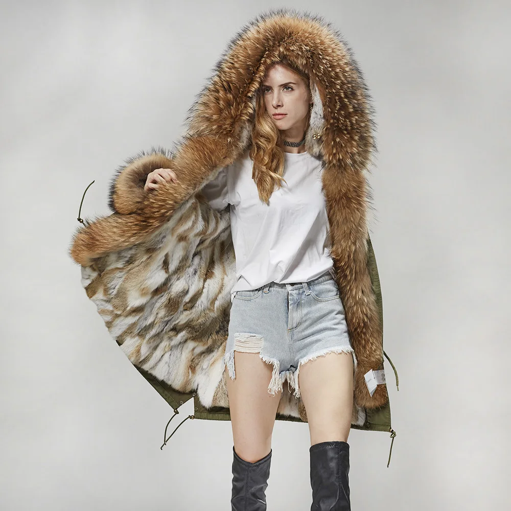 MMK fashion women\'s parka coat rabbit fur lining big raccoon fur collar winter coat jacket long hooded army green season warm ja