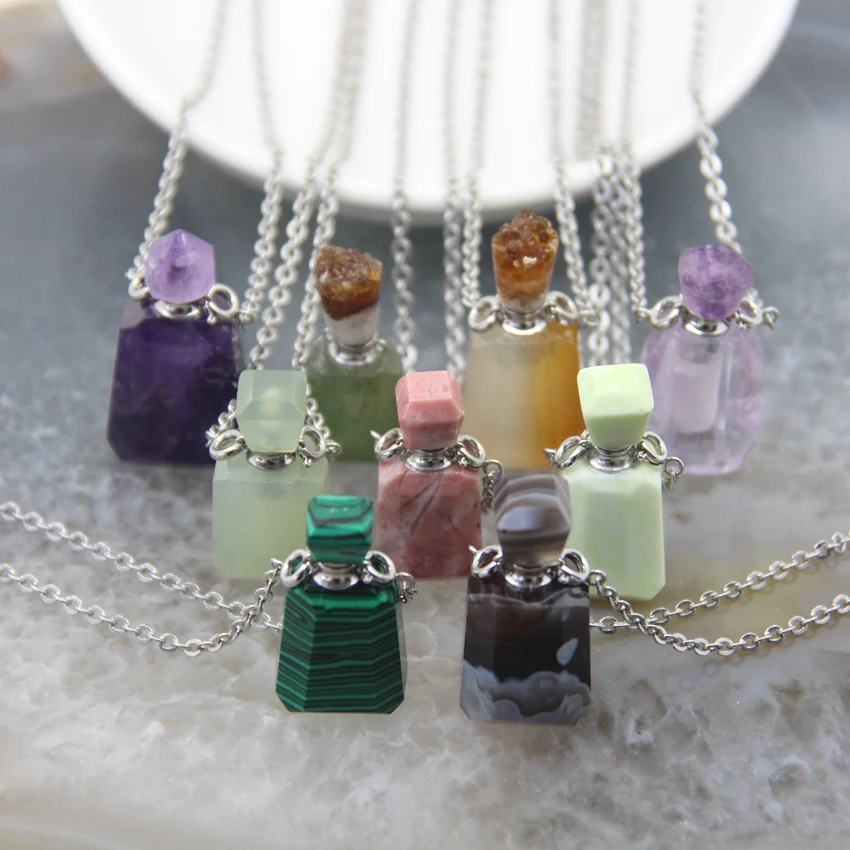 

Natural Stones Faceted Essential Oil Diffuser Vial Necklace,Quartz Crystal Perfume Bottle Pendant DIY Jewelry For Women Gifts