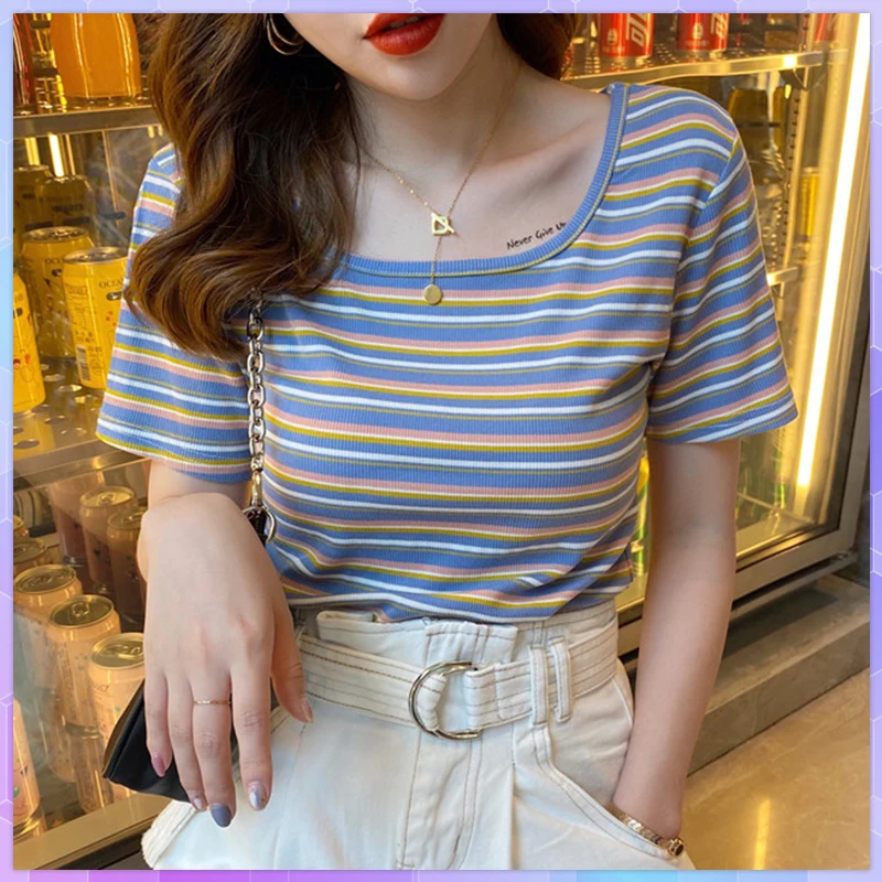 Women T-shirts Striped Crop Tops Short Sleeve T-shirt Vintage French Tee Shirt Square Collar Hem Tops Summer 2021 Slim Blusas