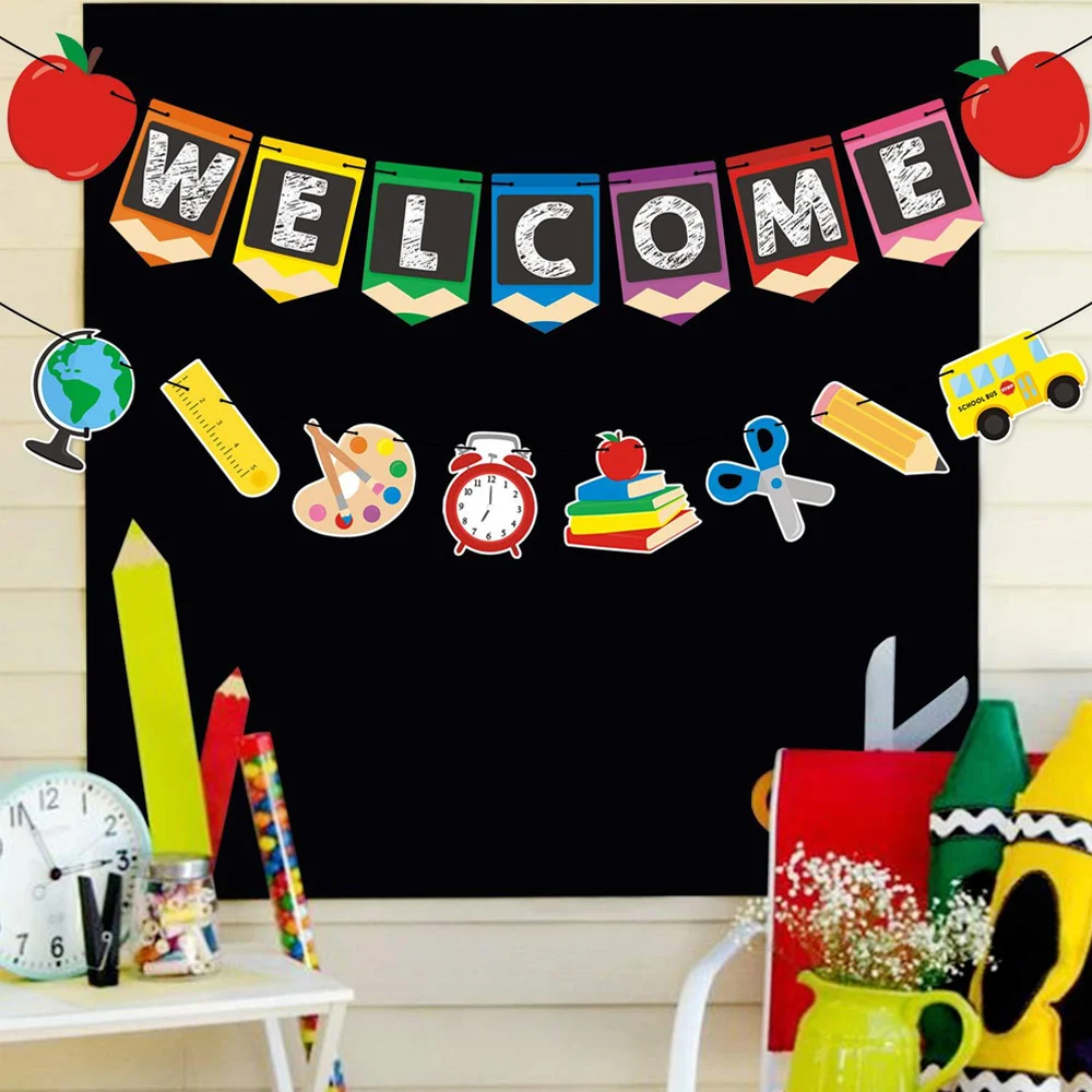 2pcs Welcome Class Back to School Hanging Sign Banner Bunting First Day of School for Classroom Decor Party Decorations