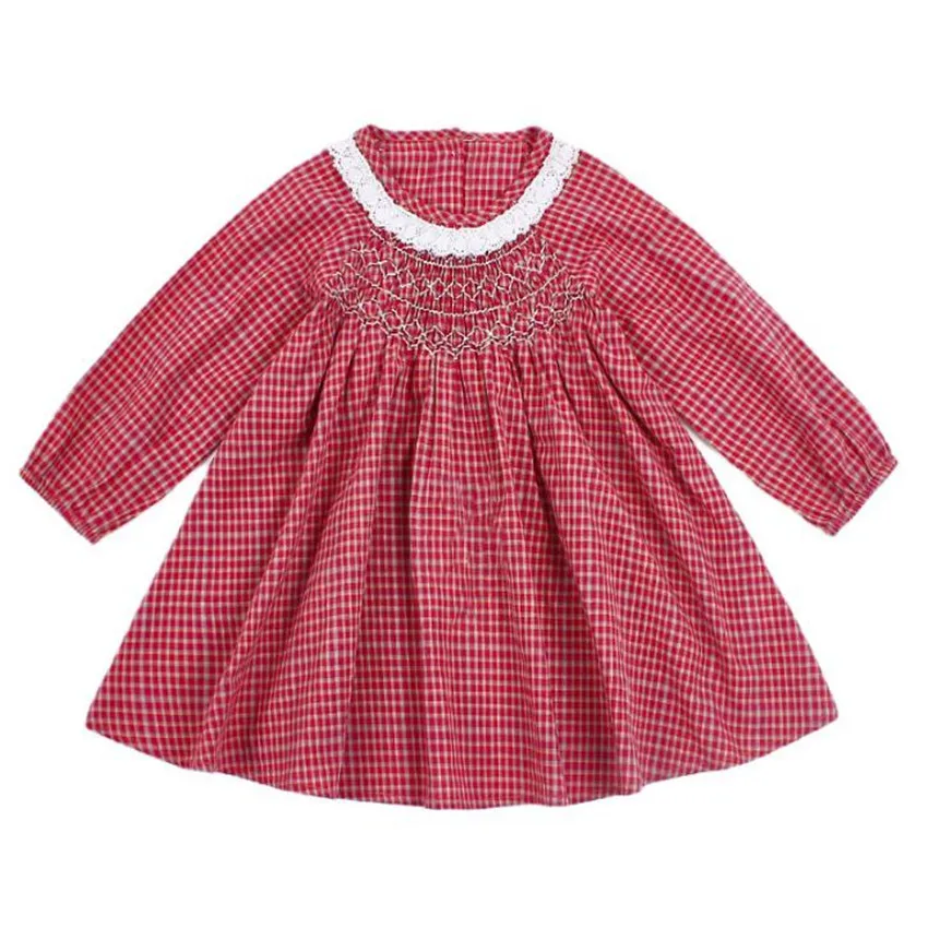 Baby girl vintage Spanish England handmade plaid smocking princess dress kids puff sleeve birthdya party dress