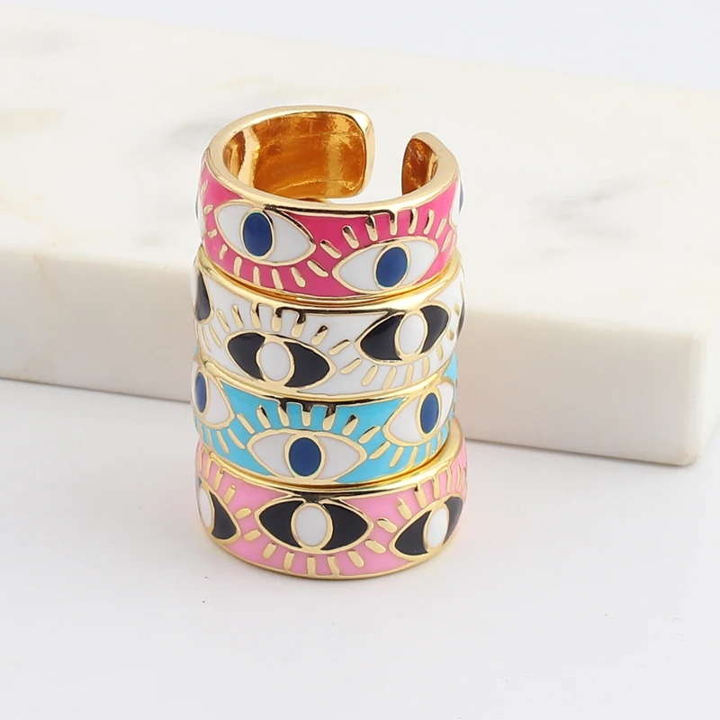 White Pink Blue Enamel Engrave Cute Lovely Turkish Evil Eye Rings Wide Gold Color Eternity Band Rings For Women Drop Shipping