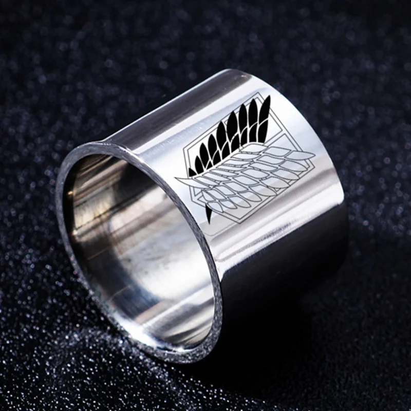 8mm Attack on Titan Black sliver Stainless Steel Ring Wings Of Liberty Flag Finger Rings For Men Women Jewelry Anime Fans