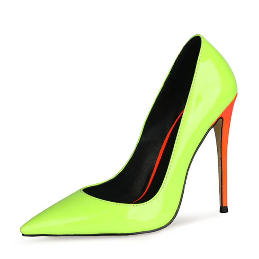 Bright Contrast Color Pumps Pointed Toe Mixed Colors Stiletto Heels Slip-On Neon Leather Patchwork High Heels Banquet Shoes