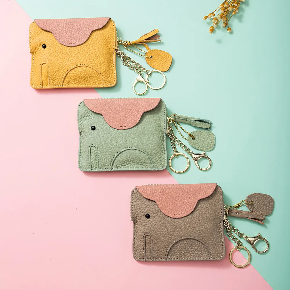 A3011 New Genuine First Layer Cow Leather Contrast Colors Palm Hold Wallet Versatile Women Cute Mini Elephant Square Coin Purses