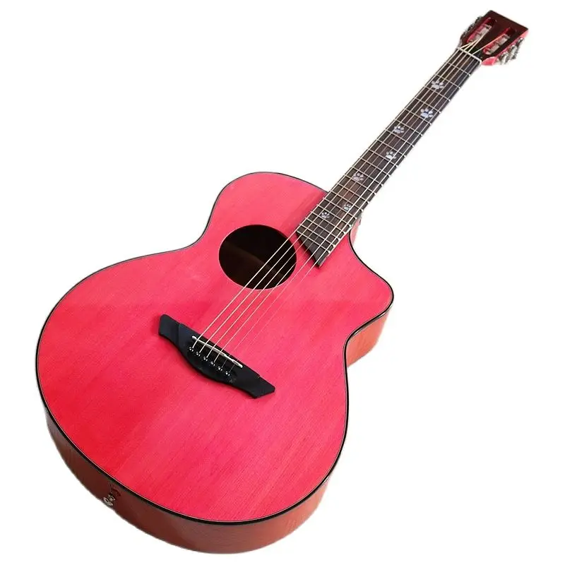 Solid Spruce Top Classic Guitar Head Electric Acoustic Guitar 6 Strings Folk Guitar With Guitar Pickup 40 Inch Pink Color