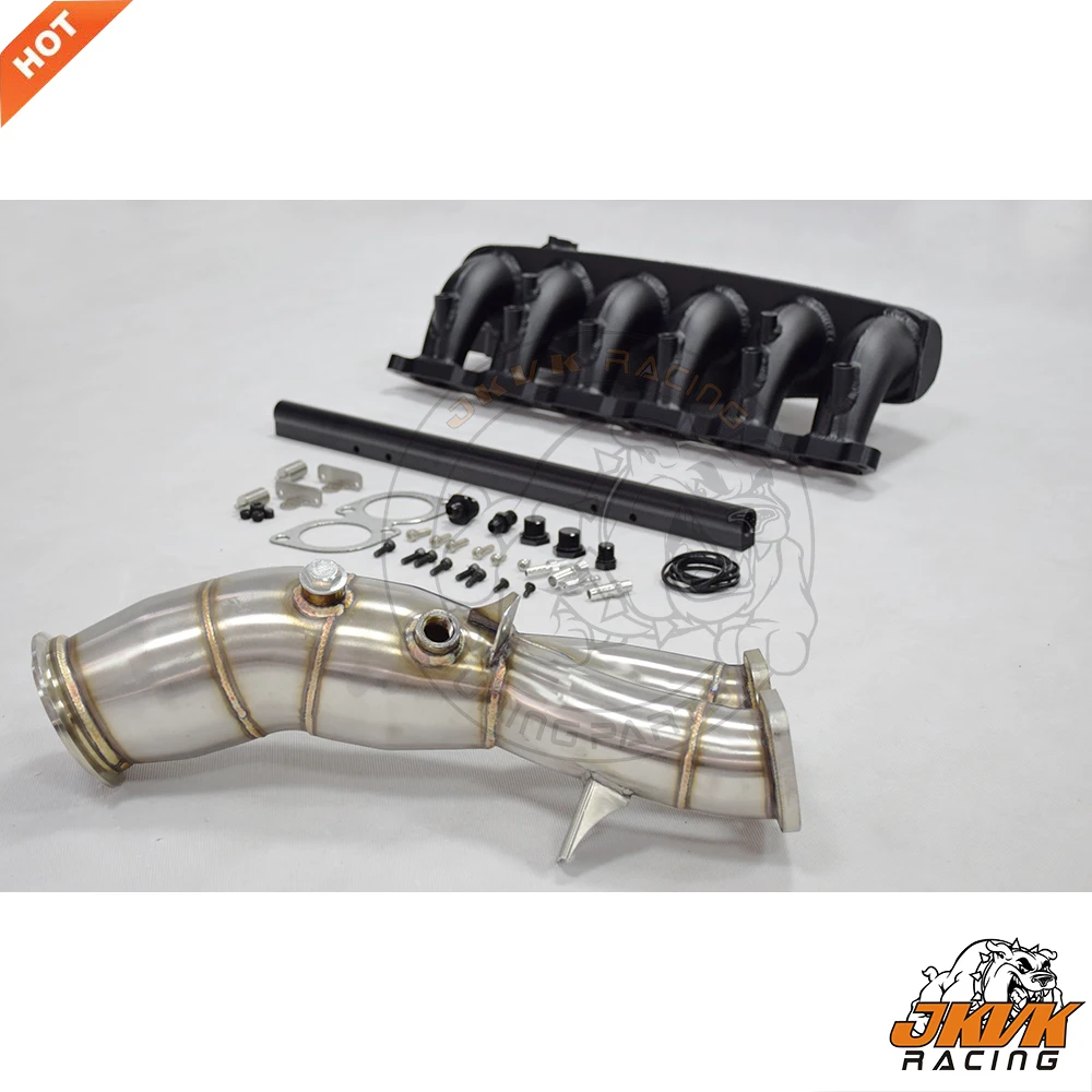 JKVK RACING Billet Intake Manifold Kits with fuel rail kit set red + 4.0\'\' Downpipe For N55 Engine E90 E92 135I 335I 335XI