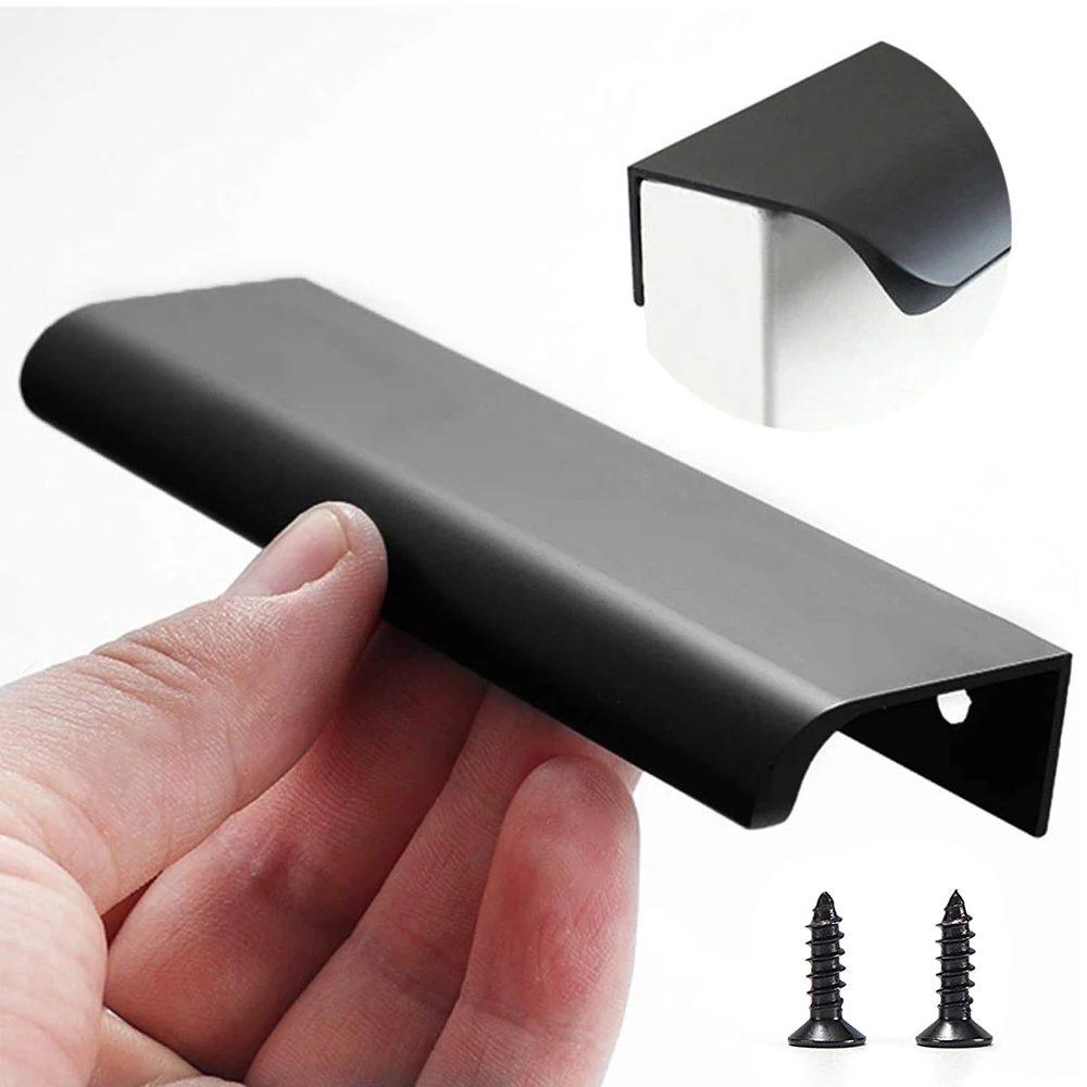 Hidden Furniture Drawer Handles Kitchen Cabinet Door Black Handle Aluminum Alloy Modern Style Finger Edge Wardrobe Pulls