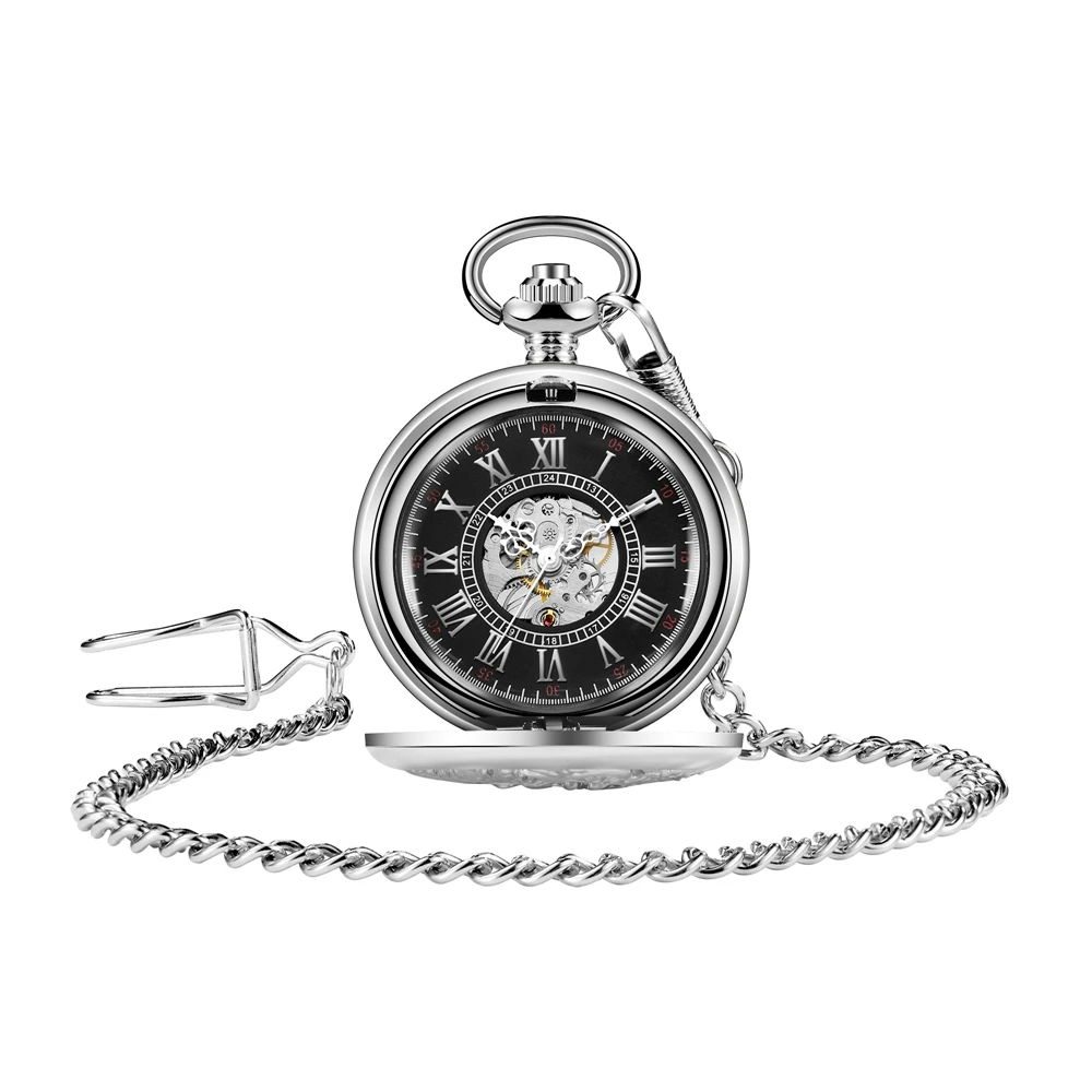 Luxurious Silver Mechanical Water Proof Pocket Watch Dragon Men Roman Numeral Reloj Flip Chain Pendant Women zakhorloge