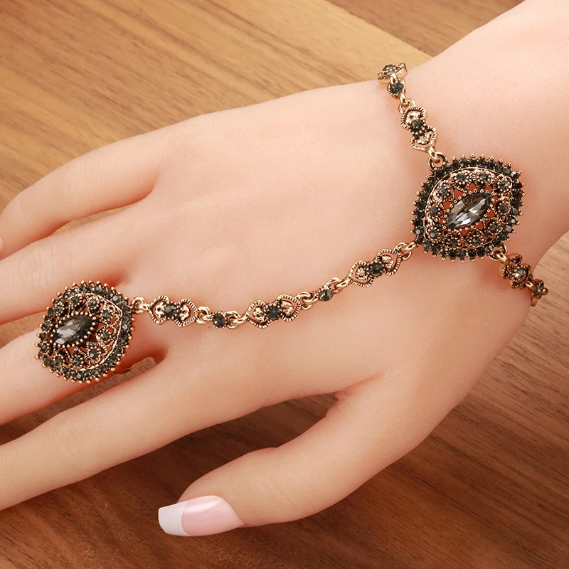 Wbmqda Hot Gray Crystal Bracelet link Ring Ethnic Bridal Wedding Jewelry Set Antique Gold Vintage Flower Bracelet For Women