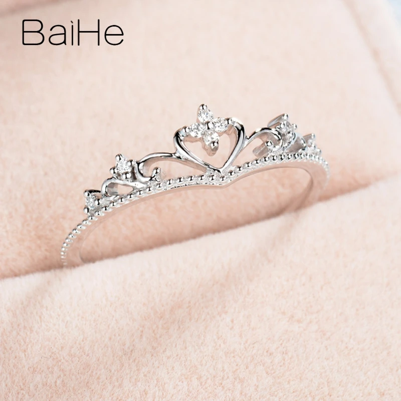 BAIHE Solid 14K White Gold H/SI Natural Diamond Crown Ring Women Gift Trendy Party Fine Jewelry Making Anillo corona Anel Coroa