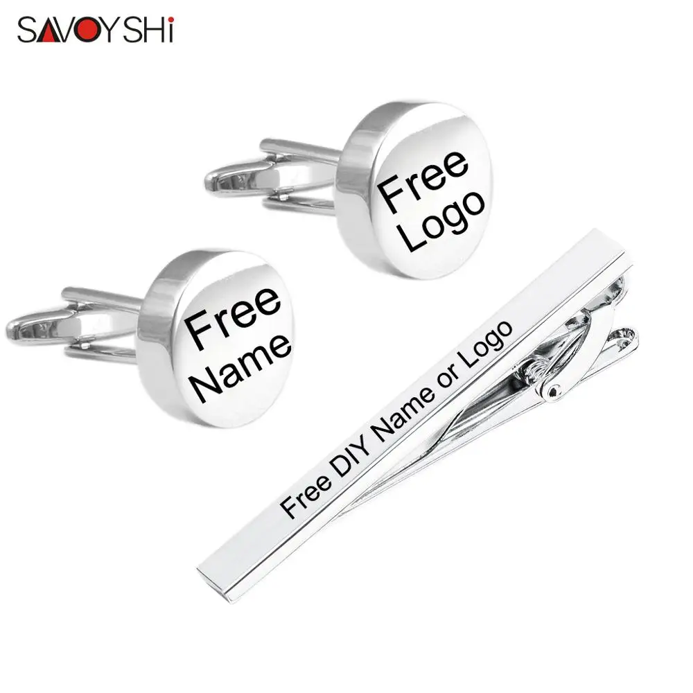 SAVOYSHI Free engraving name Cufflinks tie clip set for Mens Special gift High quality Silver color Cuff links Tie bone pin bars