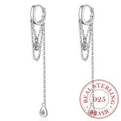925 Sterling Silvler Tassel Chain Earring Elegance Girlfriend Gift Fine Silver Jewelry Waterdrop Chain Cz Ear Wire bijoux femme