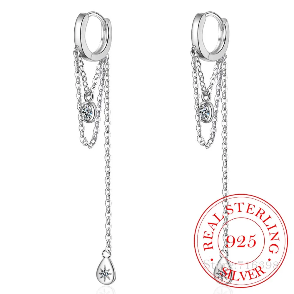 925 Sterling Silvler Tassel Chain Earring Elegance Girlfriend Gift Fine Silver Jewelry Waterdrop Chain Cz Ear Wire bijoux femme