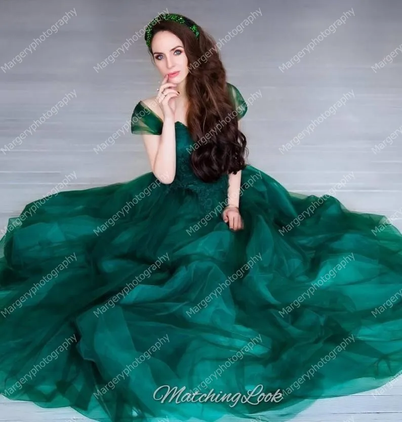 Dark Green Tulle Mom And Kid Dresses Long Length Cap   Sleeves Lace Custom Made Mother And Daughter Photo   Shoot Gown