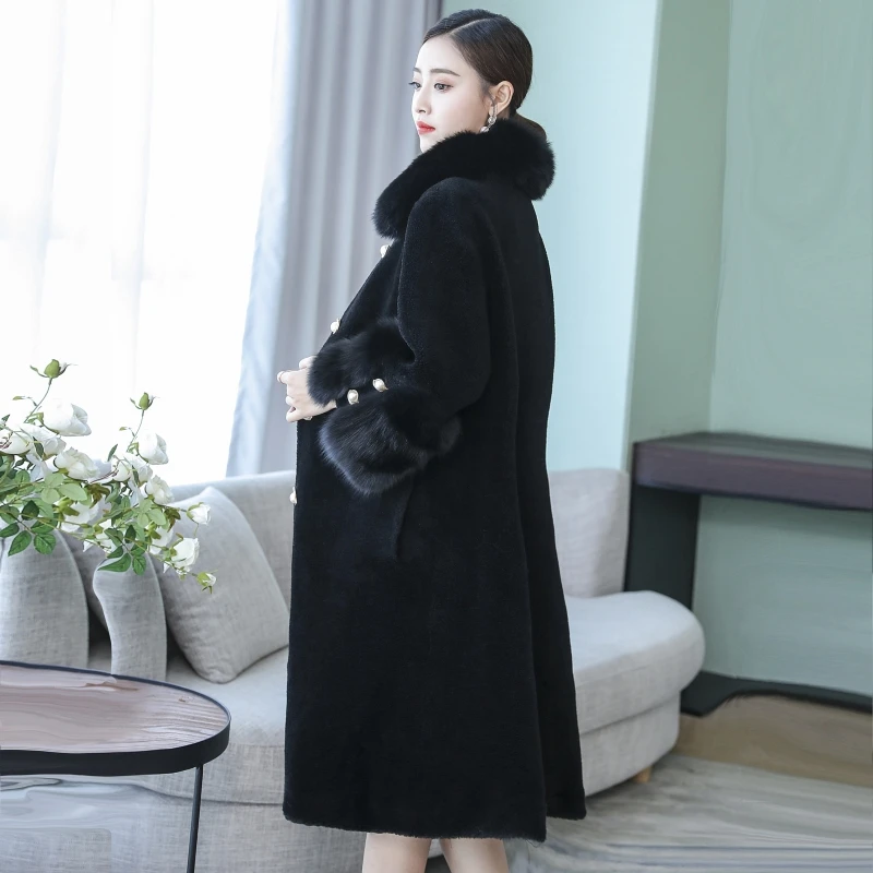 

Jacket Fox Collar Winter Real Coat Korean 100% Wool Fur Coats and Jackets Women Long Elegant 020 KJ4715