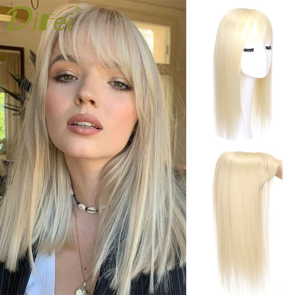 DIFEI Synthesis Topper Hair Piece With Bangs Head Overhead Natural Replacement Cover White Hair Heat Resistant For Women\'s Wigs