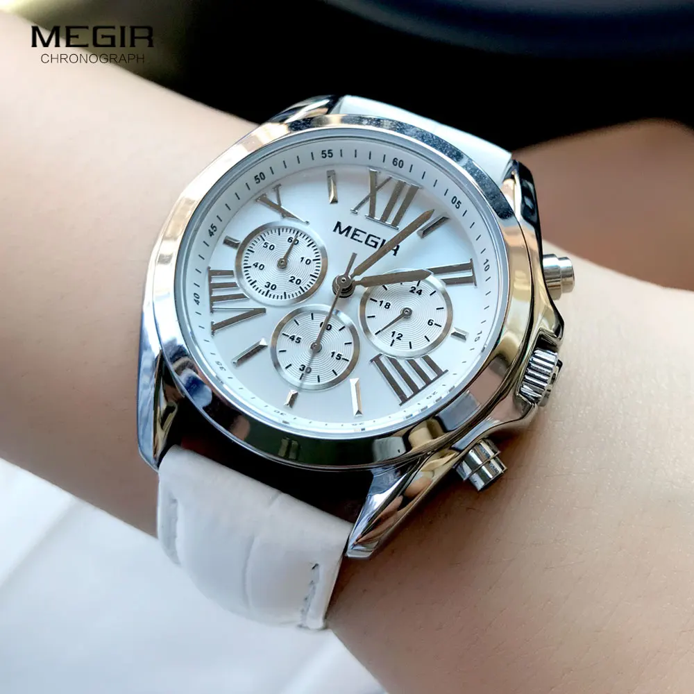 MEGIR Women\'s Casual Quartz Red Watches Chronograph Leather Strap Business Wristwatch for Lady Relogios Feminiinos Clock 2114