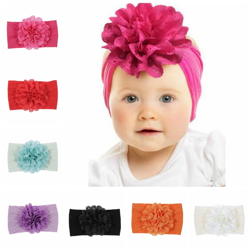 

Nishine Soft Stretch Eyelet Rose Flower Baby Headband Newborn Knot Wide Nylon Headwraps Turban Girls Headwear Kids Photo Props