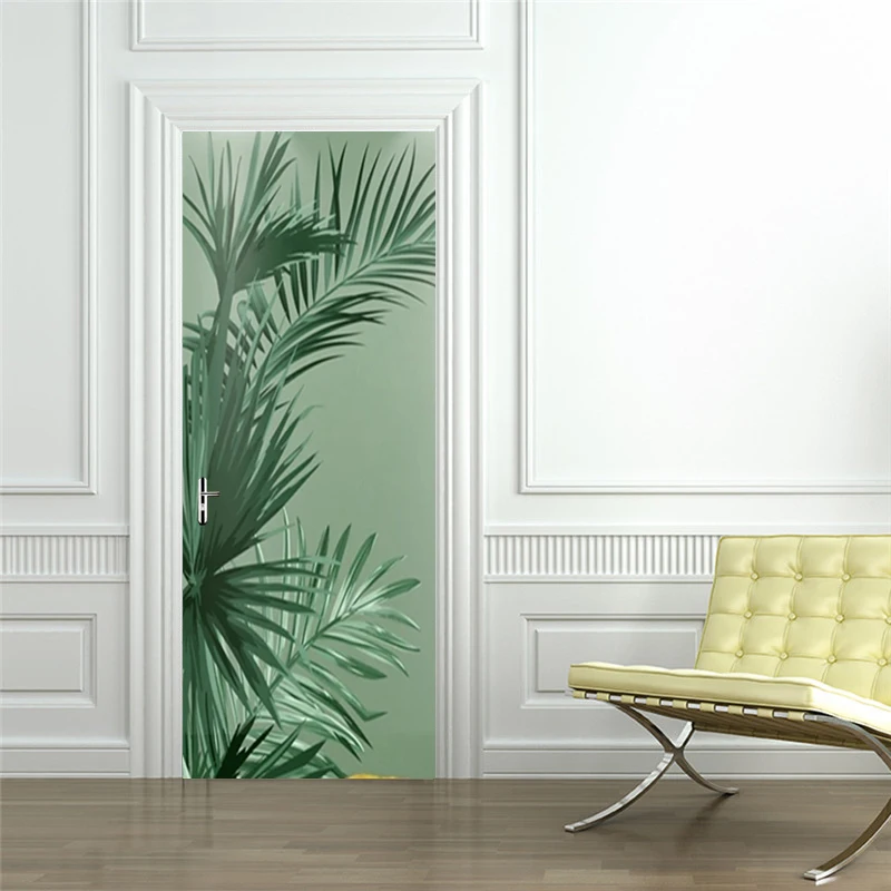 Autocollant de porte 3D feuilles plantes vertes modernes, décoration murale en PVC imperméable, pour chambre à coucher, salon, couloir, Photo murale auto-adhésive