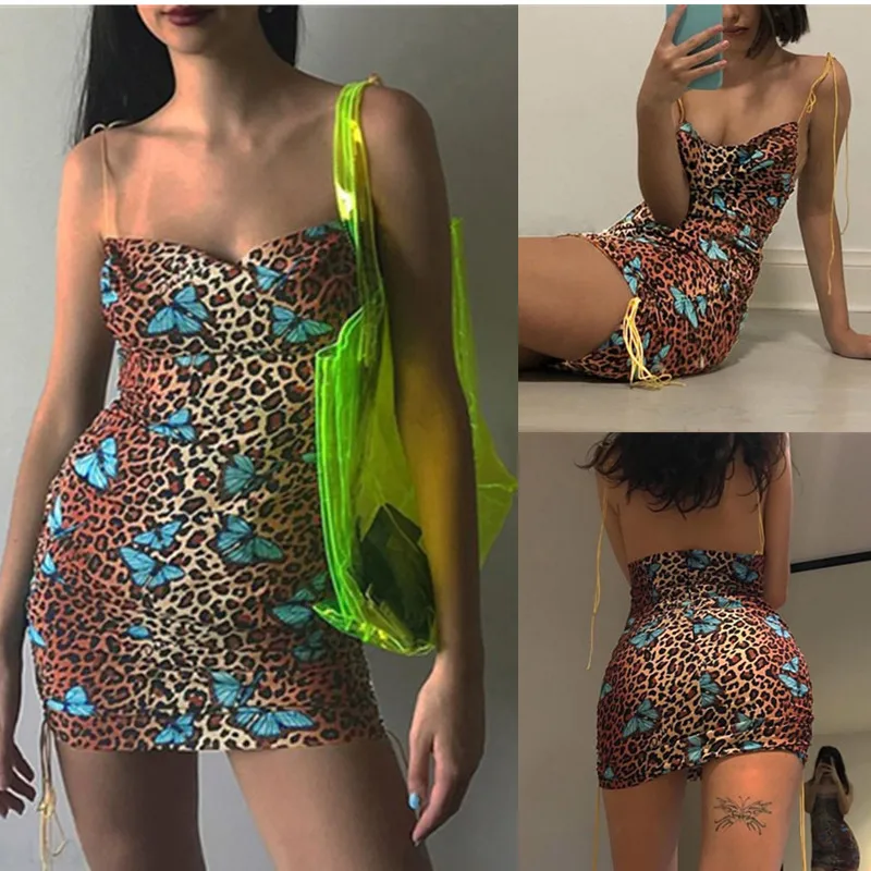 Women Summer Lace-Up Strap Sexy Bodycon Mini Dress Leopard Butterfly Printed Ruched Drawstring Off Shoulder Backless Party Clubw