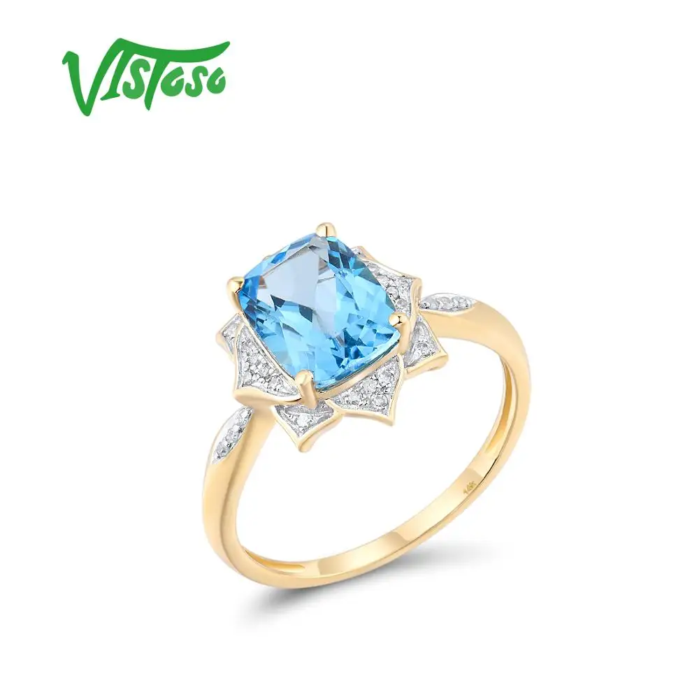 

VISTOSO Gold Rings For Women 14K 585 Yellow Gold Glamorous Blue Topaz Sparkling Diamond Luxury Anniversary Gifts Fine Jewelry