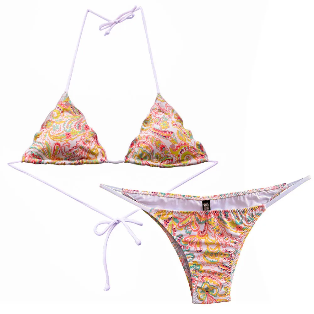 Summer Women Yellow Bow Triangle Bikini Set Printing Secret Swimsuit Biquini Thong Bottom Brazilian Bathing Suit Cheeky Swimwear