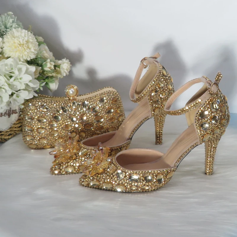 2021New Golden crystal Bridals Wedding shoes with matching bags Rhinestone high heels ankle strap women party dress shoes
