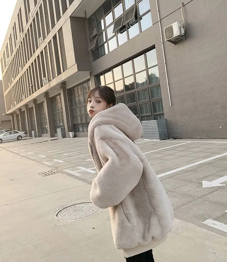 Fleece Jacket Winter Coat for Women Loose Women\'s Artificial Rabbit Fur Long Coat Casual Keep Warm Cotton Hooded Plush Jacket