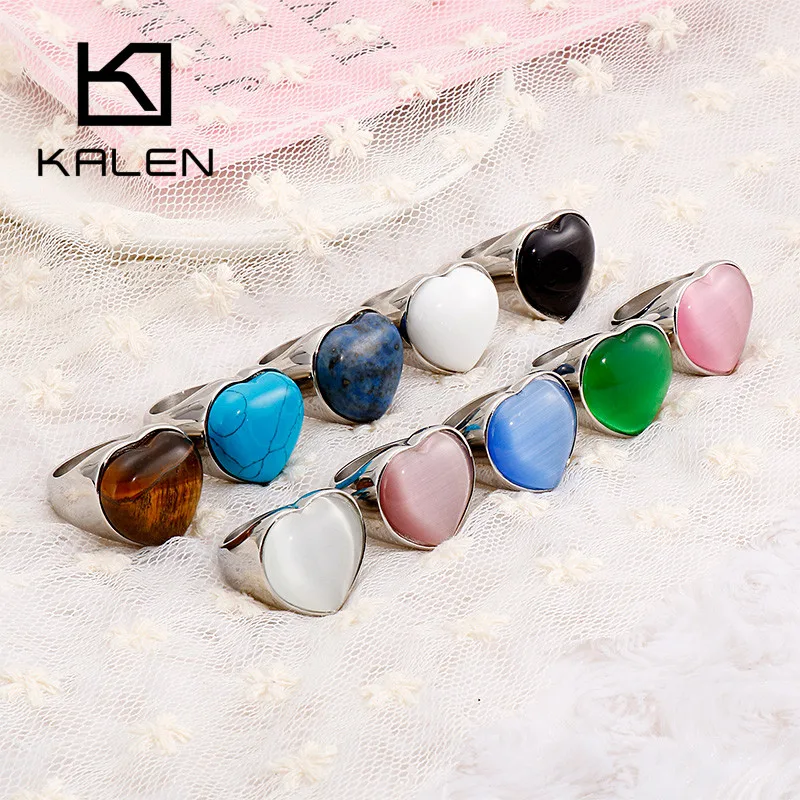 KALEN Gold Color Stainless Steel Rings For Women Heart Big Marble Colourful Stone Wedding Bands Mujer Anillos Jewelry