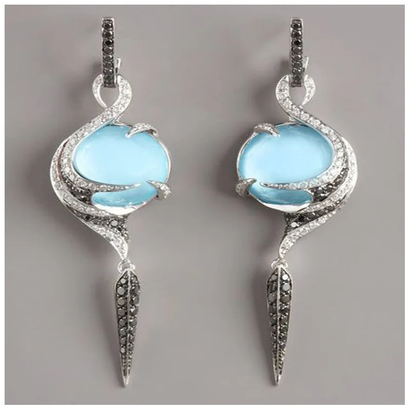 2019 Angel Wings Long Earings Blue Moonstone Crystal Leaf Earrings for Women Vintage Elegant Wedding Statement Brincos Jewelry