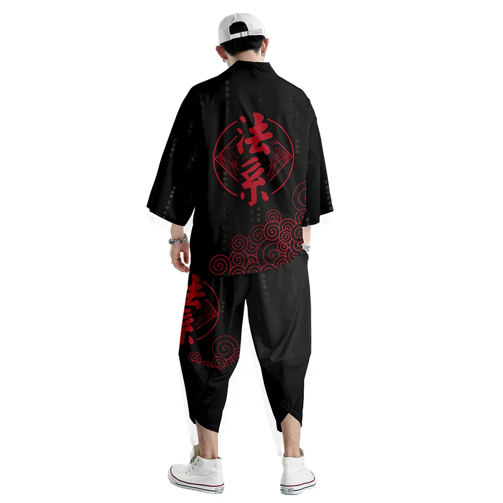 

Chinese Character Printed Kimono Cardigan Men Japanese Traditional Casual Loose Thin Coat And Pants Asian Clothes Harajuku