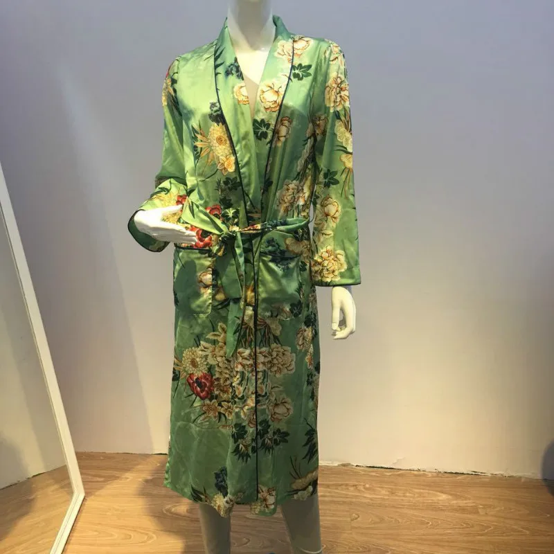 TEELYNN green floral print satin kimono kaftan women bikini cover up vintage long sleeve autumn robe vestidos boho beach blouses