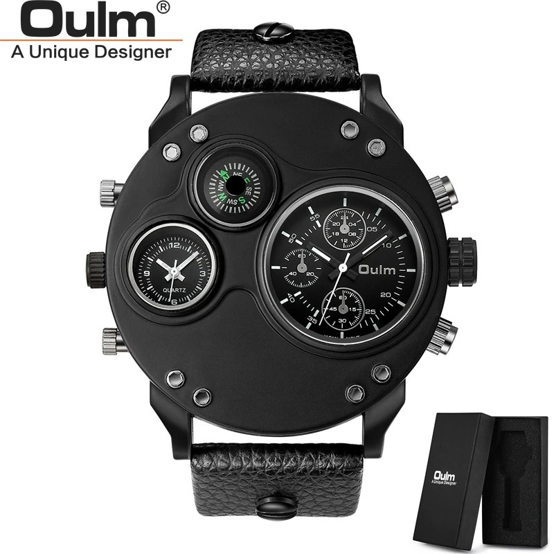 Oulm HP3741 Unique Men\'s Watches Two Time Zone Quartz Wristwatch 3D Big Dial Casual Male Sport Watch relogio masculino