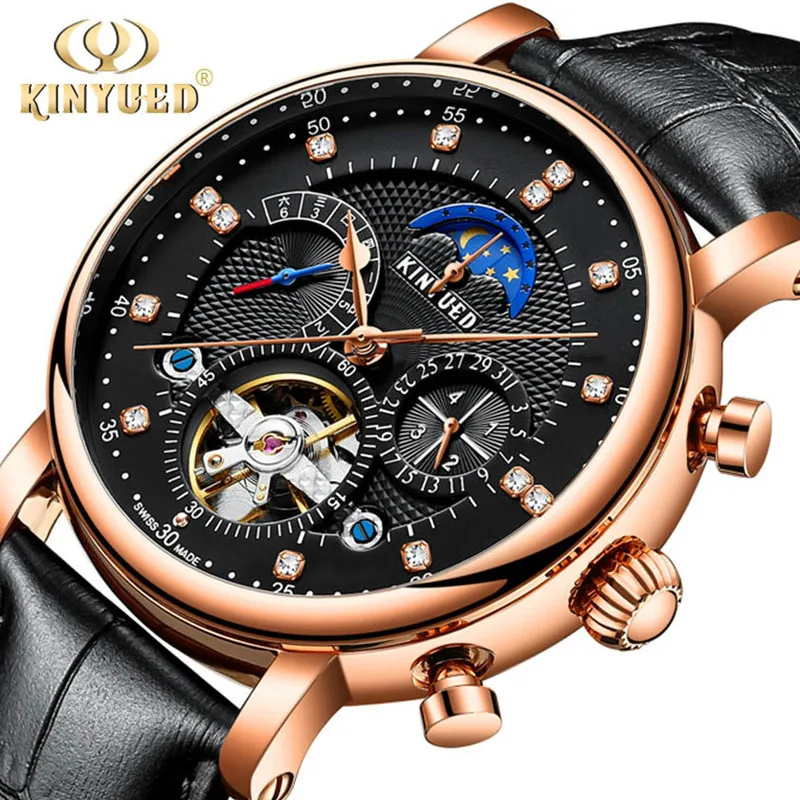 Luxury Brand KINYUED Automatic Mechanical Men Watch Waterproof Leather Strap Tourbillon Sport Mens Watches Fashion Casual Male