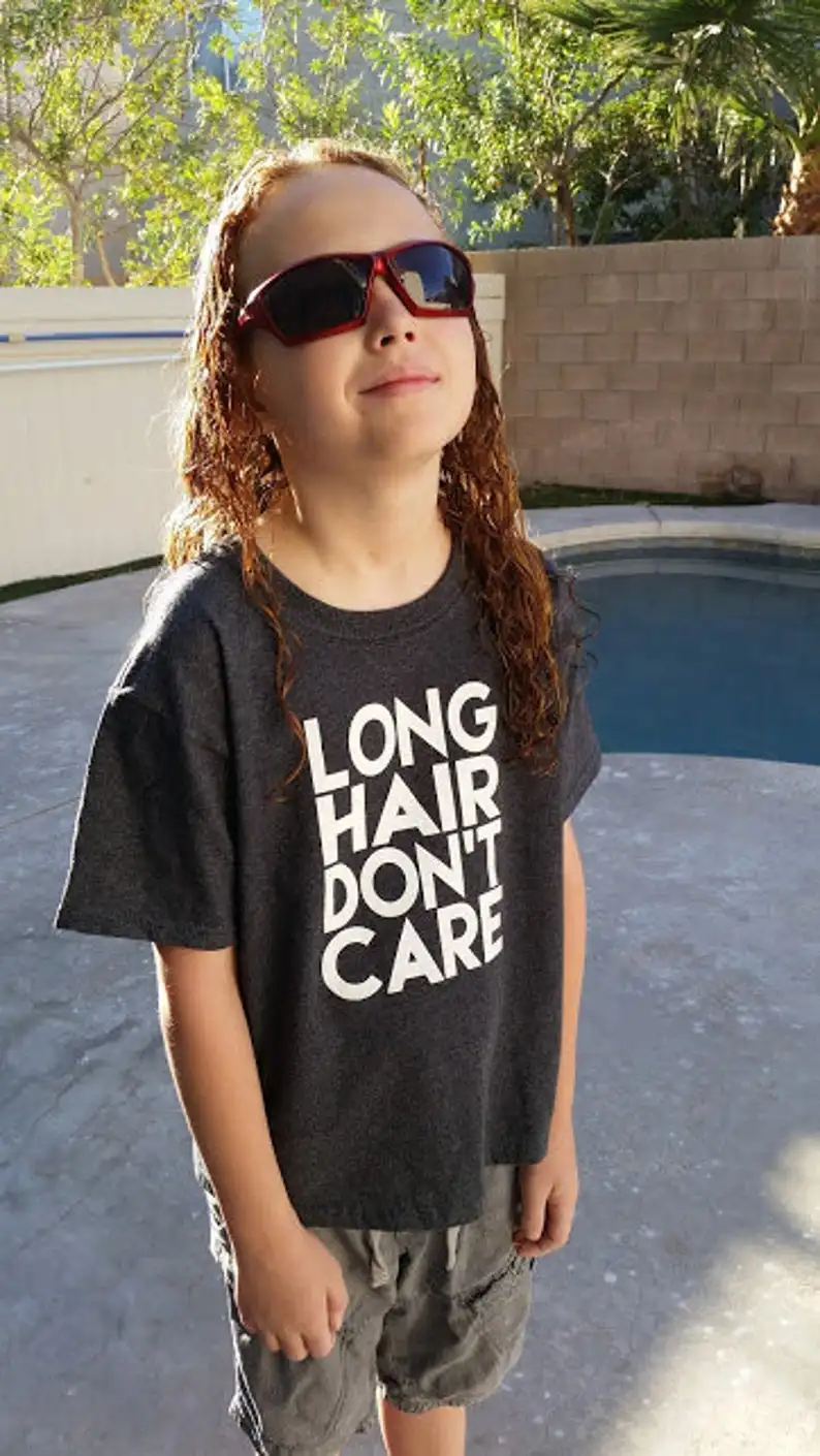 

Long Hair Don't Care Kids Shirt Long Hair Kid Shirt Youth or Toddler Summer Fashion Short Sleeve Black T Shirt Cool Casual Tee