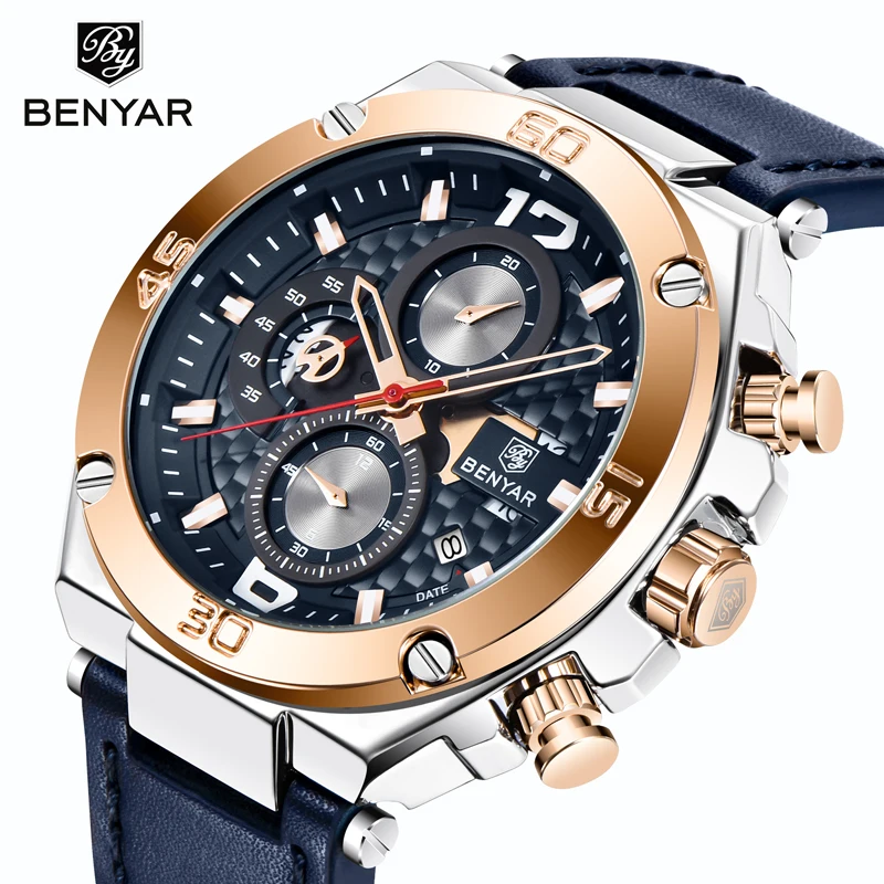 Watch Men BENYAR Quartz WristWatches Military Mens Watches Top Brand Luxury Gold Fashion Sports Men Watch Leather Reloj Hombre