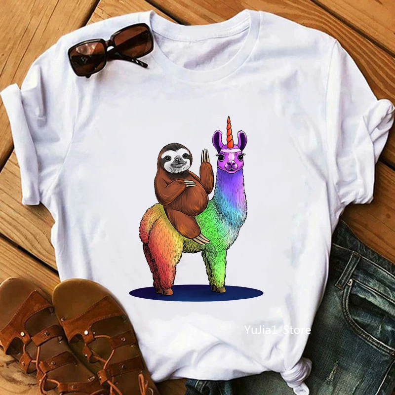 2021 Hot Sale Llama With Sloth Animal Print Women'S T-Shirt Girl Merry Christmas Gift Tshirt Femme Rainbow T Shirt Female Tops