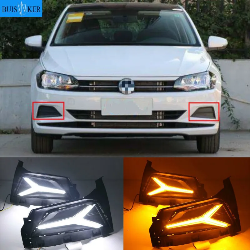 

2PCS LED Daytime Running Light For For Volkswagen Polo 2018 2019 Dynamic Yellow Turn Signal 12V DRL Fog Lamp Decoration